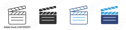 Film clapperboard icon set in outline and flat style , vector illustration.