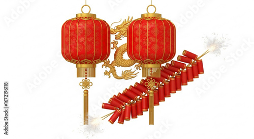 Chinese New Year Red Lanterns with Firecrackers
