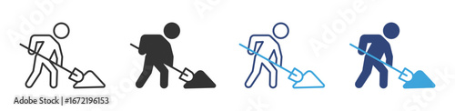 Worker digging icon set in outline and flat style , vector illustration.