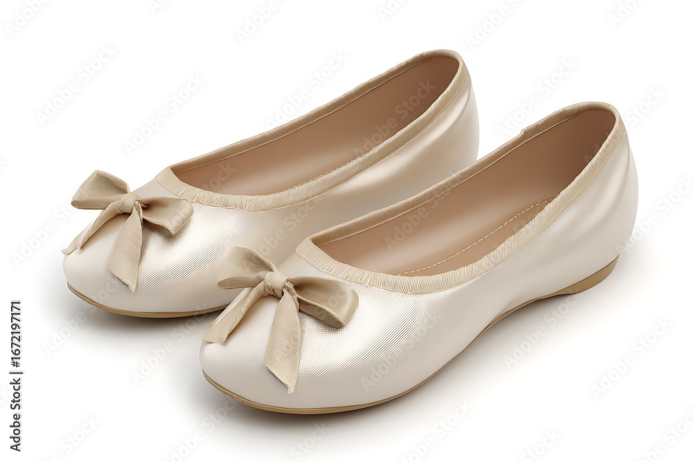 Obraz premium Elegant cream ballet flats adorned with delicate bows offer timeless style and comfort for any occasion, perfect for fashion-forward individuals seeking chic footwear.