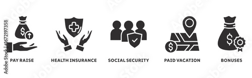 Employee Benefits icon set illustration concept with icon of pay raise, health insurance, social security, paid vacation, bonuses