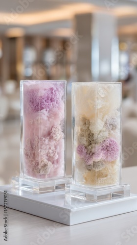 Elegant floral arrangements in glass vases with soft pastel colors on modern white table. Fungal Disease Awareness Week