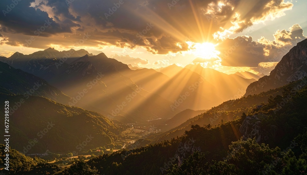 Fototapeta premium A breathtaking panoramic view of golden sunbeams radiating through clouds over a serene mountain valley at sunset