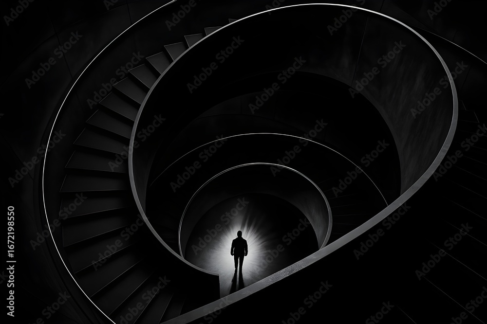 Obraz premium Mysterious Silhouette on Spiral Staircase in Black and White