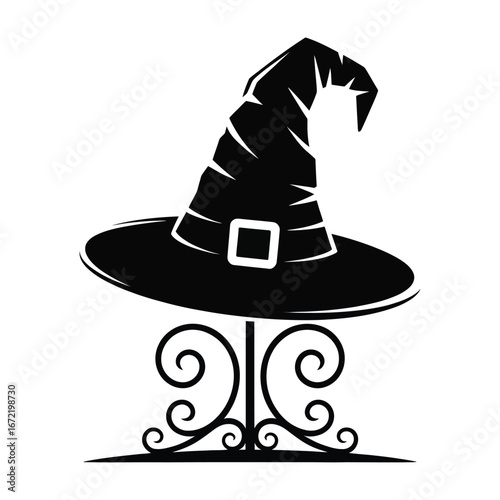 Elegant Silhouette Illustration of a Witch's Hat on a Decorative Stand for Halloween