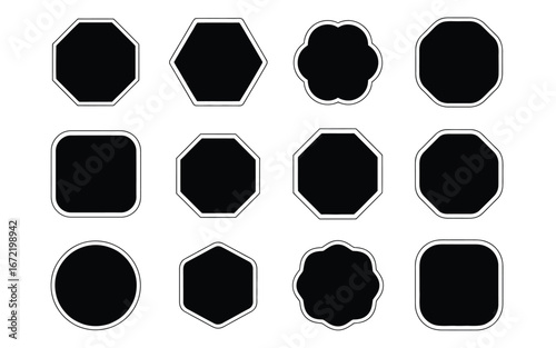 Collection of twelve unique black geometric shapes for vector graphic design and scalable illustrations white background
