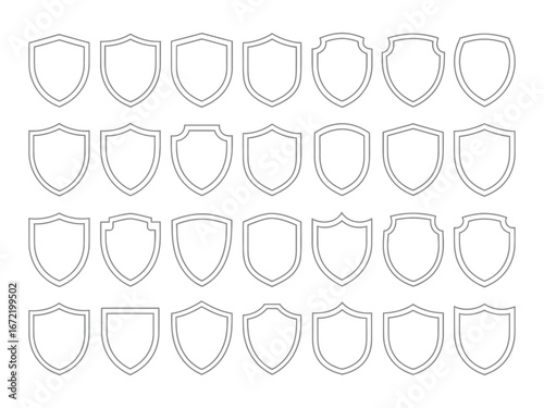 Collection of 24 distinct shield vector graphics scalable illustration for declarative emblematic designs and iconography white background