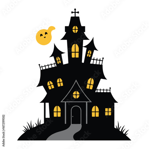Spooky haunted house stands silhouetted against the night sky on a hill, with glowing windows and a ghostly moon, creating an eerie Halloween atmosphere.