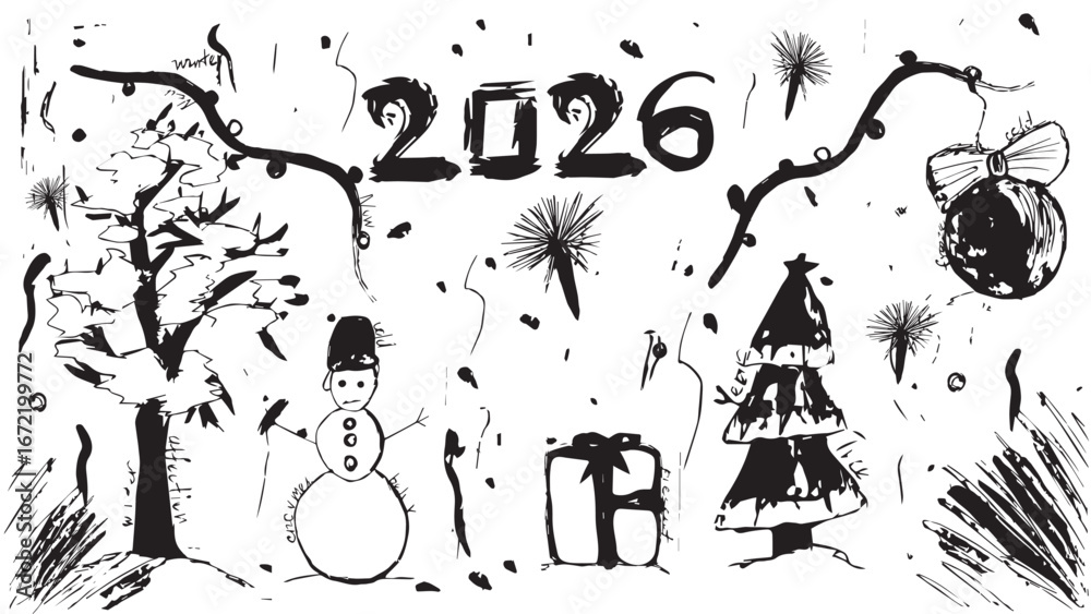 Fototapeta premium New Year 2026 greeting card drawn in ink on white background, New Year concept, poster with New Year's gifts, Christmas trees, snowman, serpentines, sparkles, confetti, holiday banner for decoration
