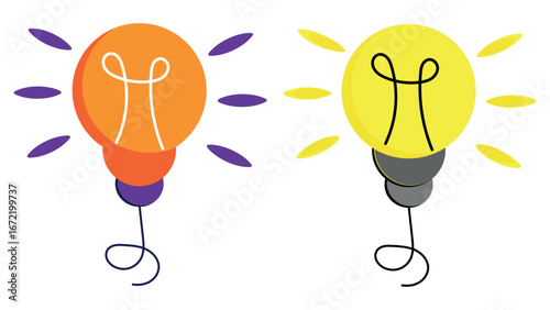 Collection of electric lamps, brainstorming concept, creative light bulb vector icon for business idea, yellow and orange electric lamp with filament, cartoon style light bulb with glitter rays