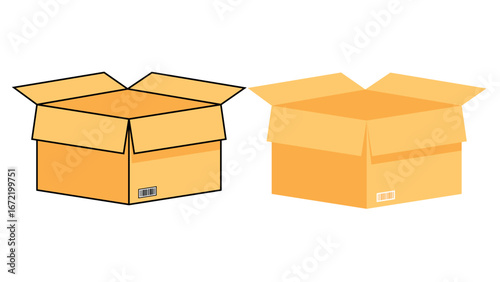 Set of different brown cardboard packaging boxes, collection of cardboard box mockups, delivery boxes, shipping carton open box with barcode, parcel packaging template, cartoon cardboard boxes