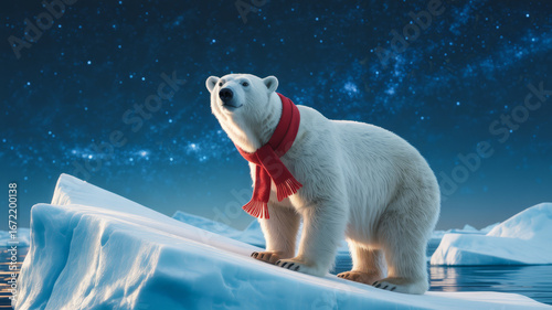 Polar bear in a red scarf on an iceberg under a starry night sky.