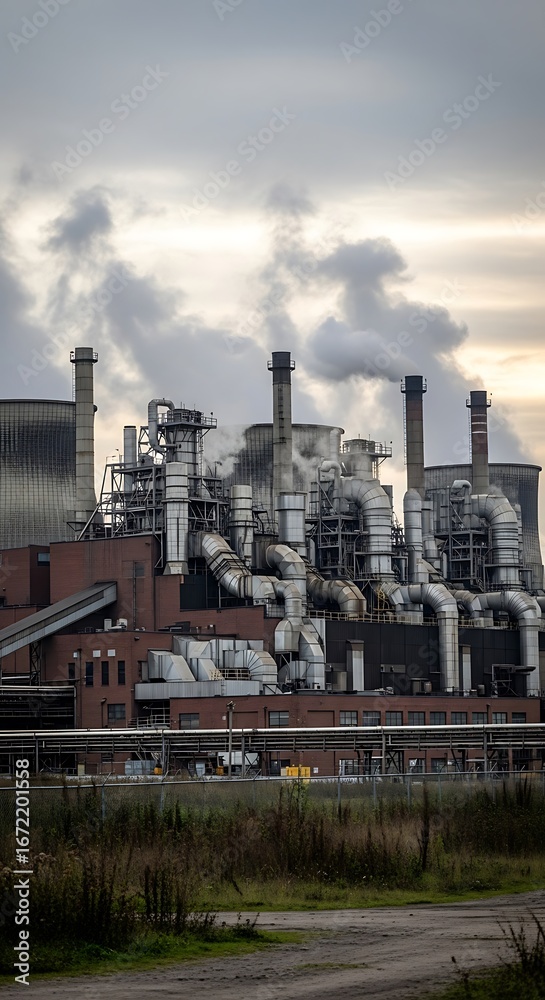 Obraz premium Industrial landscape featuring complex structures and emissions against a cloudy sky backdrop