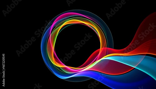 Abstract colorful wavy lines forming a round shape on black background, representing technology, science, music, graphic, abstract