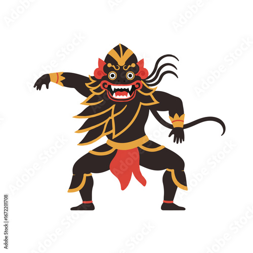 Balinese demon figure performing a traditional dance with vibrant colors and fierce expression, representing cultural heritage and artistic expression.