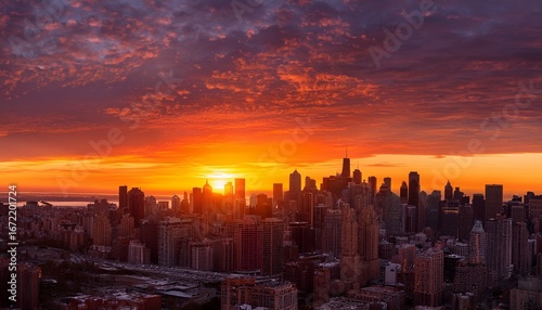 Fiery Sunset Over City Skyline: A Panorama of Urban Golden Hour scene