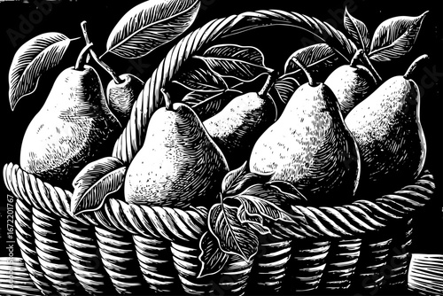 basket filled with pears decorated with leafy branches, elegant organic still life, detailed artistic black and white sketch
