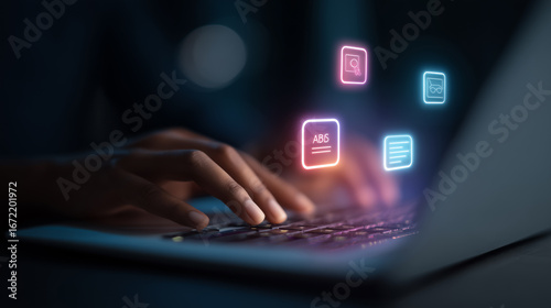 Businessman using a computer to document management concept, online documentation database and digital file storage system/software, records keeping, database technology, file access, doc sharing.