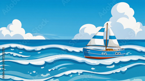 Blue Sailboat Floating on Ocean Waves Under Cloudy Skies