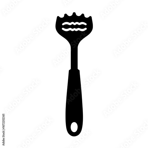 Minimalist black silhouette of a potato masher representing comfort food preparation