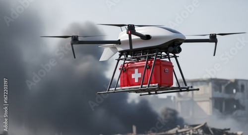 Advanced quadcopter drone delivering medical supplies in disaster zone for emergency response and relief efforts.