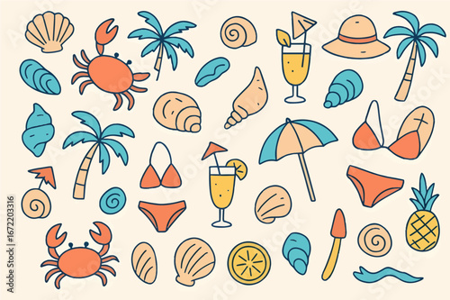 Summer Beach Vacation Collection of Tropical Elements and Aquatic Life