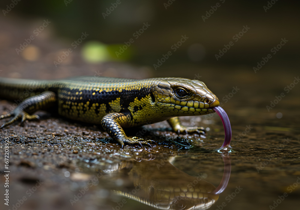 Naklejka premium Lizard Drinking Water with Reflection