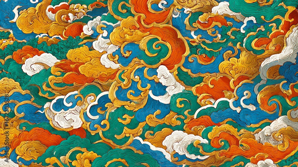 Obraz premium An intricate, colorful pattern of swirling clouds and stylized waves dominates the frame, evoking a sense of dynamic energy and traditional artistry through its vibrant hues and detailed forms.