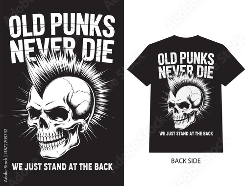 Punk Rock Skull with Mohawk Vintage T-Shirt Graphic Illustration