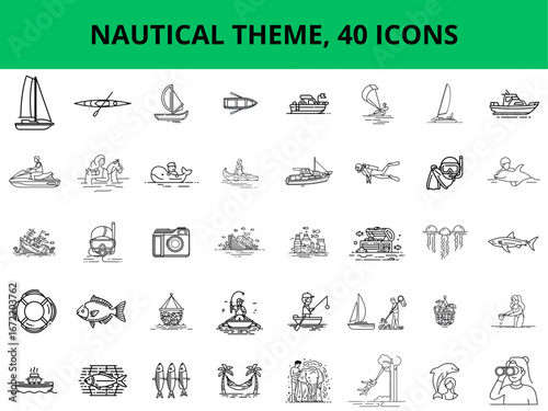 NAUTICAL THEME, 40 ICONS.  SVG. A minimalistic  vector illustration.