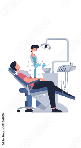 An expert dentist provides professional dental care to a patient comfortably seated in a modern clinic chair, illustrating a routine check-up for oral health.