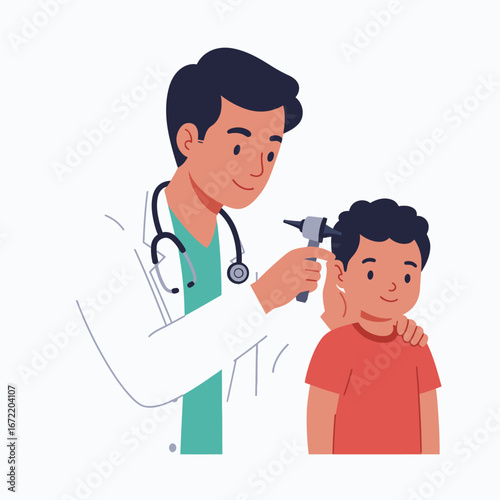 A compassionate male doctor in a white coat carefully examines a young boy's ear using an otoscope, illustrating pediatric care and a health check-up.