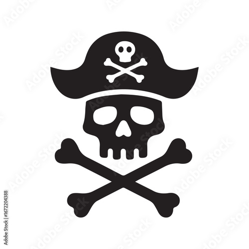  A black silhouette of a realistic pirate skull and crossbones emblem. 