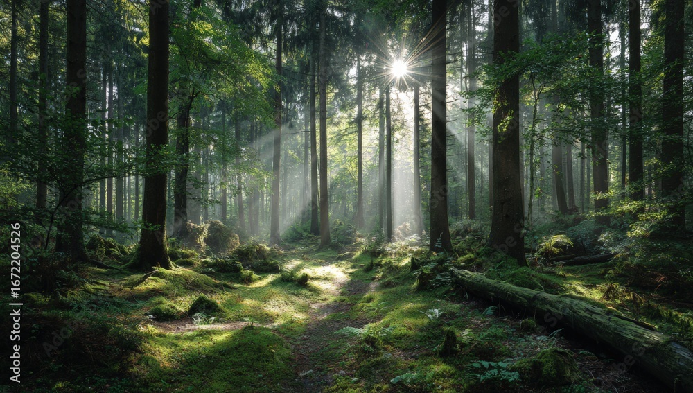 Obraz premium Sunbeams pierce a lush forest