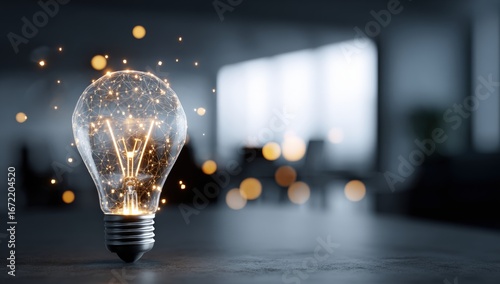 Illuminated light bulb in modern office setting
