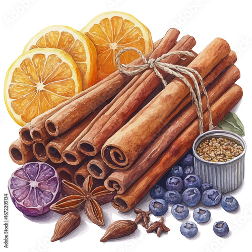 watercolor vector of Cinnamon Sticks And Spices, isolated on a white background.