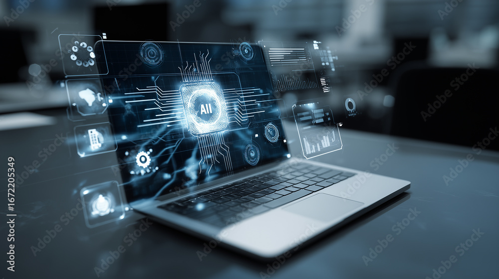 Fototapeta premium Businessman using a computer to document management concept, online documentation database and digital file storage system/software, records keeping, database technology, file access, doc sharing.