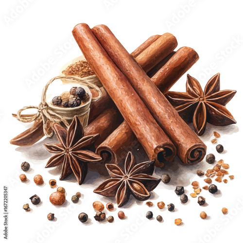 Cinnamon Sticks And Spices, watercolor vector, isolated on a white background.
