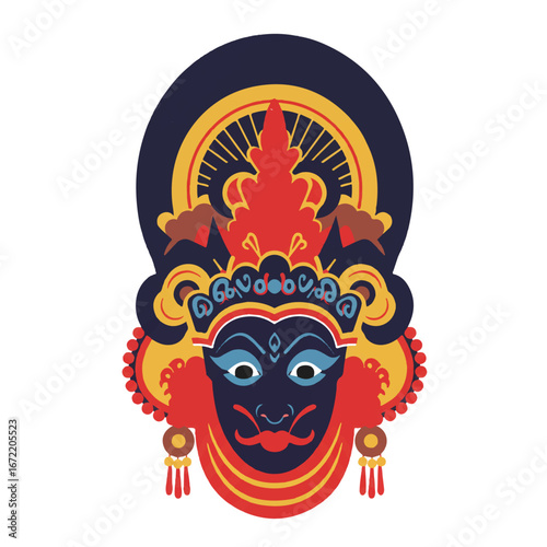 Kathakali dancer's face showing vibrant makeup and elaborate costume during a traditional performance in Kerala, India, embodying rich cultural heritage.