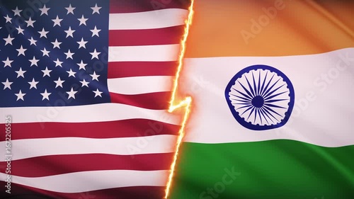 American flag and Indian flag overlapping and waving. Background for news broadcast or documentary.