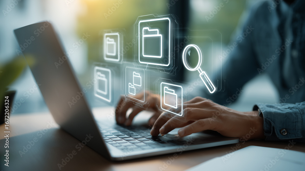 Fototapeta premium Businessman using a computer to document management concept, online documentation database and digital file storage system/software, records keeping, database technology, file access, doc sharing.