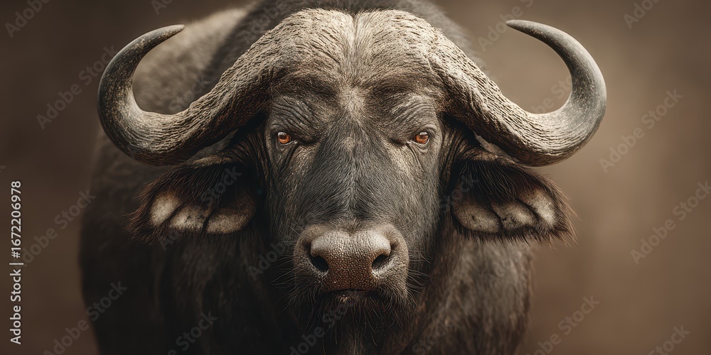 Naklejka premium Strong buffalo stands majestically against a muted background showcasing its features and bold presence in nature