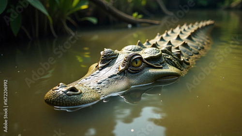 A Formidable Reptile Gliding Through Murky Waters With A Watchful Gaze In Its Natural Habitat