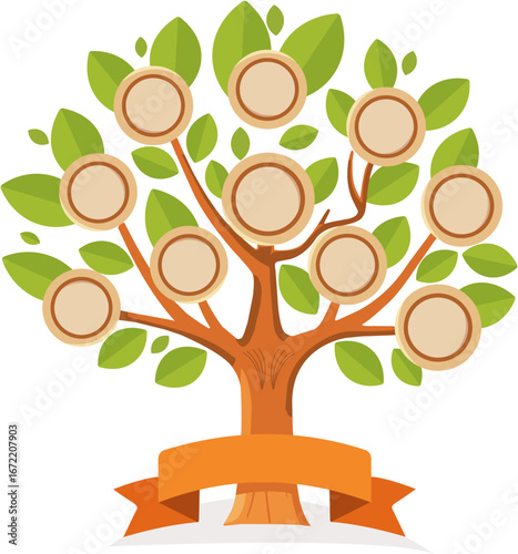 Vector art of a stylized illustration of a family tree with blank circular spaces for names, isolated on a