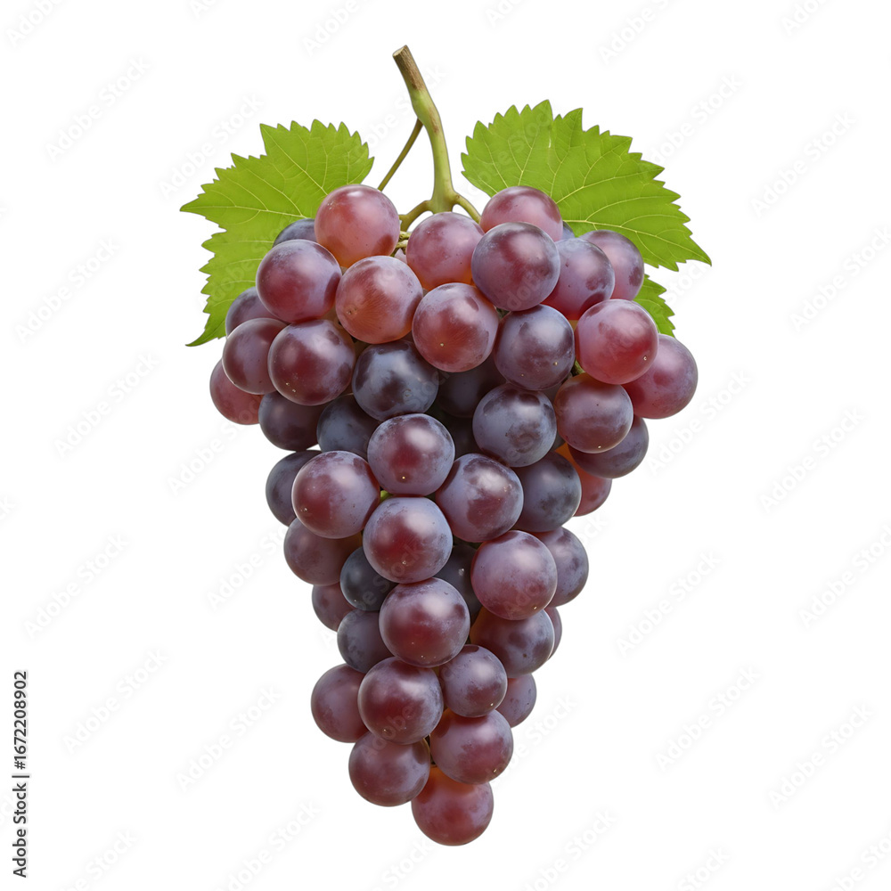 Fototapeta premium Fresh bunch of red grapes with green leaves on black background