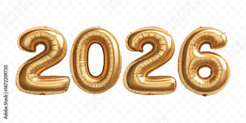 realistic 3d 2026 typography made by with foil balloons in different colour style isolated on transparent background