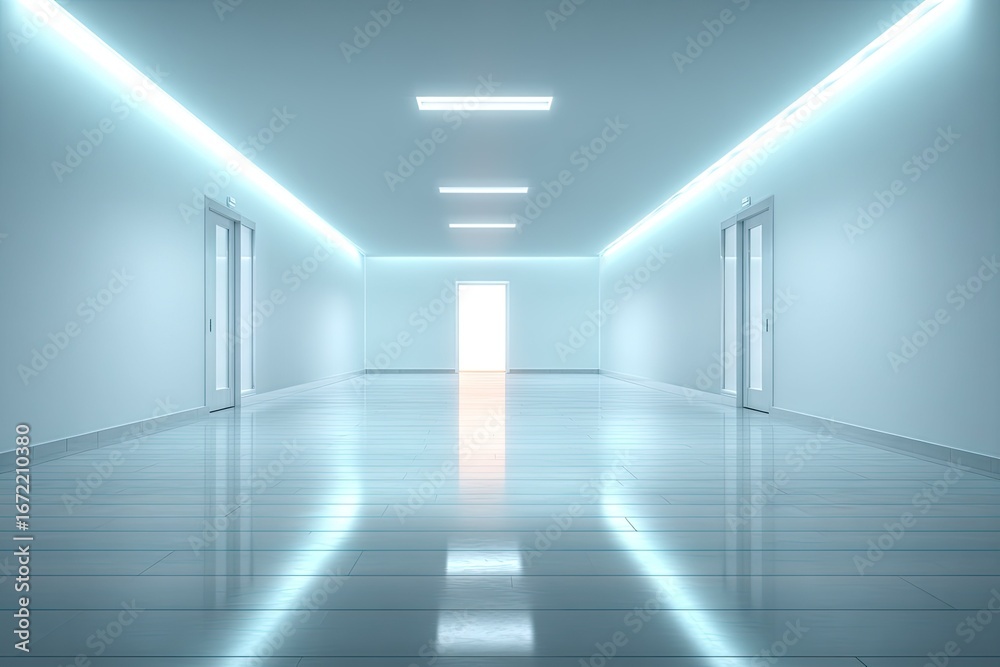 Fototapeta premium Empty, modern hallway with illuminated walls and doors.