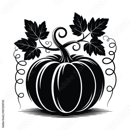 Elegant Pumpkin Silhouette Illustration with Vines and Leaves for Autumnal Harvest Themes