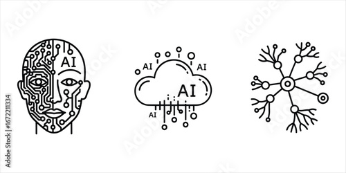 Artificial Intelligence Icons Human Face Cloud Network and Brain Structure head