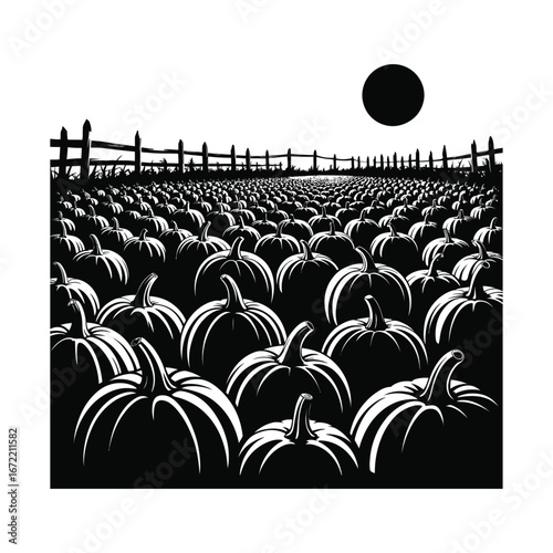Pumpkin Patch Silhouette Illustration Under Moonlight for Autumnal and Harvest Scenes